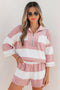 Striped Half Zip Bracelet Sleeve Top Short Set
