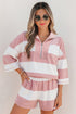 Striped Half Zip Bracelet Sleeve Top Short Set