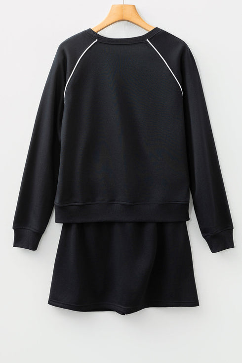 Contrast Trim Crewneck Pullover Mini Skirt Two Piece Dress