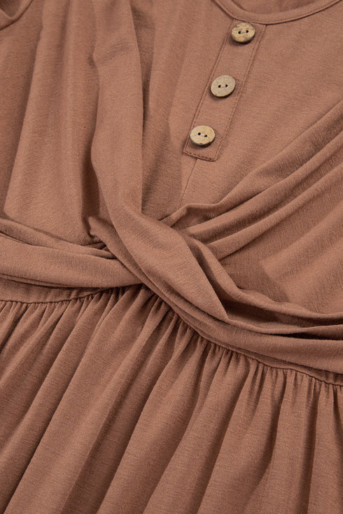 Shirred Cuff Long Sleeve Button Round Neck Mini Dress
