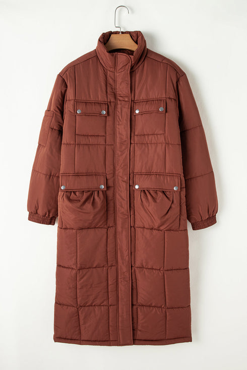 Solid Quilted Stand Collar Zipped Mid Length Puffer Coat