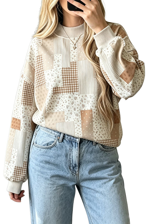 Floral Patchwork Mock Neck Long Sleeve Sweatshirt
