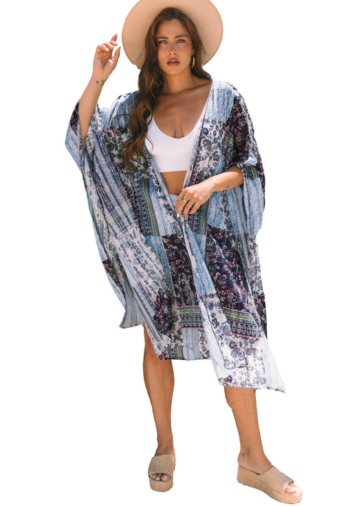 Bohemian Patchwork Print Open Front Resort Kimono