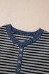 Striped Ribbed Denim Collar Half Button Long Sleeve Top