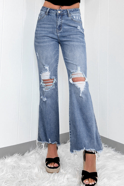 High Rise Ripped Distressed Hem Flare Jeans