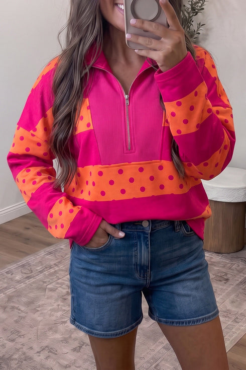 Stripe Patchwork Polka Dot Quarter Zip Long Sleeve Top