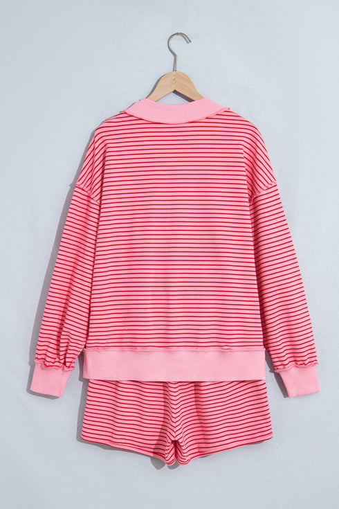 Striped Ribbed Patchwork Mock Neck Baggy Pullover Short Set