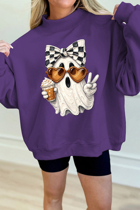 Cute Ghost Print Mock Neck Friendly Spooky Sweatshirt