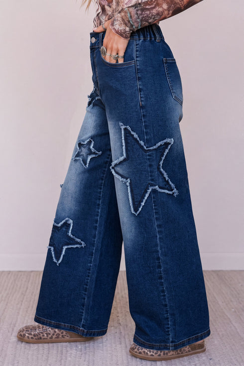 Applique Denim Star Decorated Wide Leg Jeans
