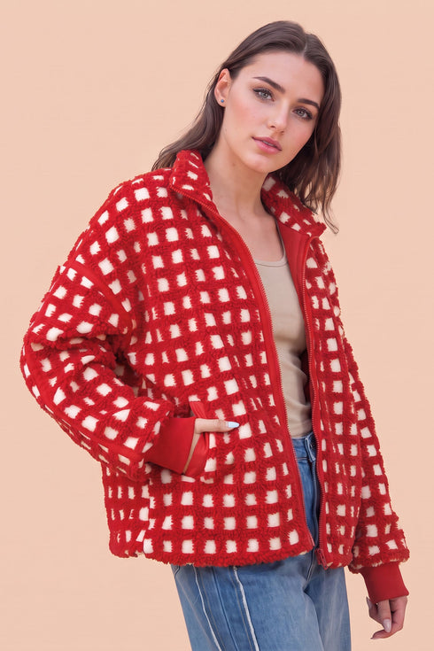 Plaid Pattern Zip Up Long Sleeve Jacket