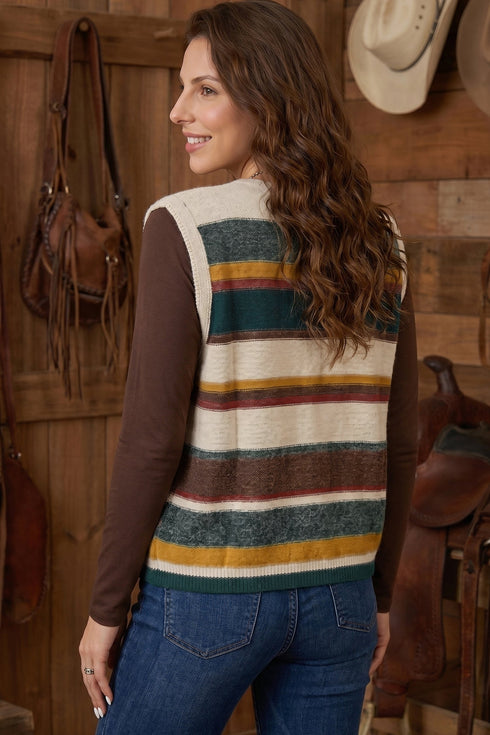 Striped Button Front Sleeveless Knit Regular Fit Sweater Vest