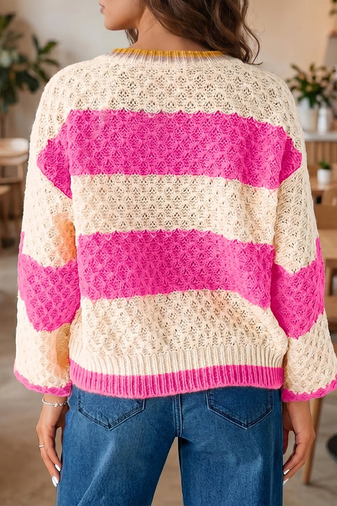 Cotton Striped Pattern Textured Drop Shoulder Sweater