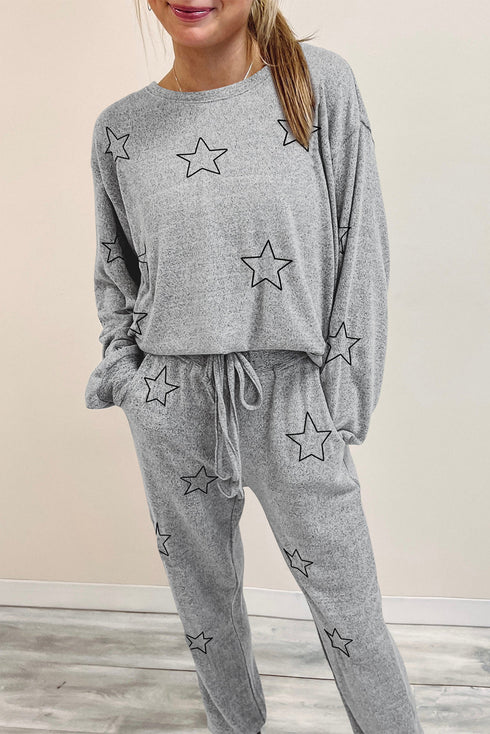 Star Print Long Sleeve Drawstring High Waist Pant Set