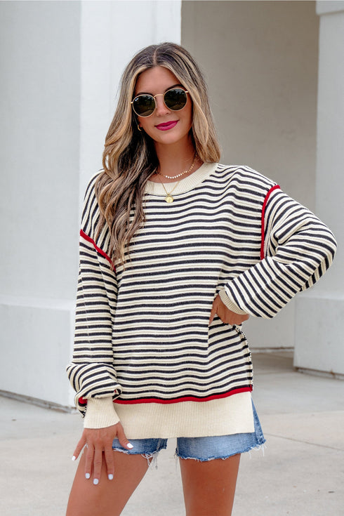 Striped Ribbed Trim Drop Shoulder Oversized Sweater