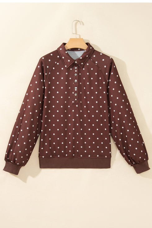 Polka Dot Metal Button Collared Pullover Sweatshirt