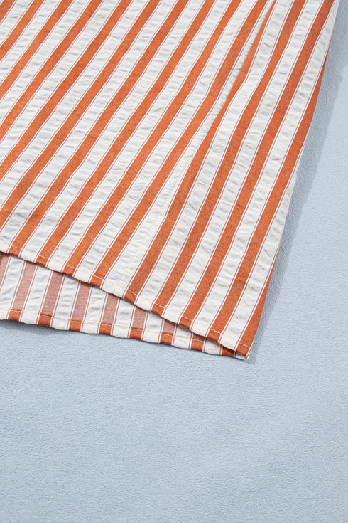 Striped Pinched V Neck Cuffed Shift Mini Dress