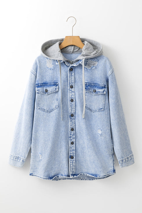 Casual Oversized Solid Print Hooded Denim Jacket
