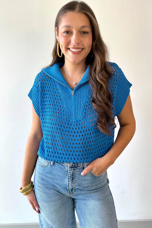 Hollowed Knit Zipper Collar Short Sleeve Casual Sweater