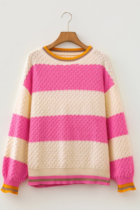 Cotton Striped Pattern Textured Drop Shoulder Sweater