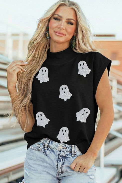 Glitter Ghost Print High Neck Graphic Tank Top