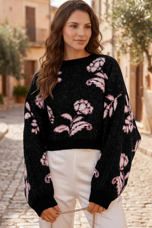 Floral Knit Puff Sleeve Dropped Shoulder Pullover Sweater