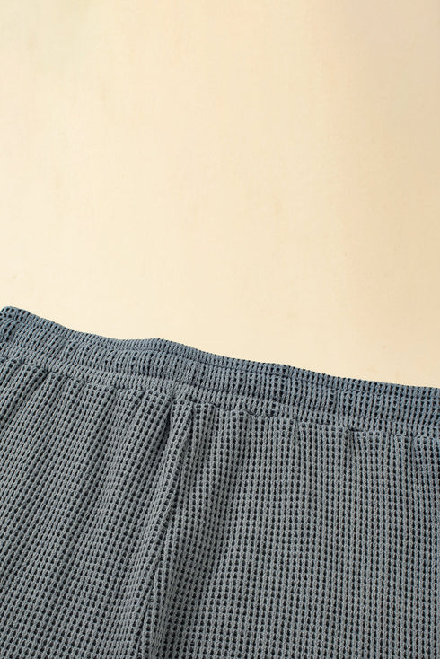 Textured Waffle Knit Buttoned Drawstring Short Set