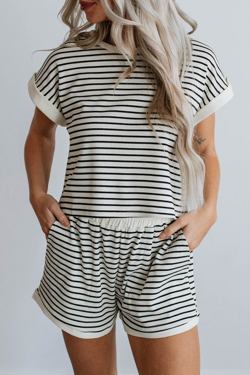 Ribbed Stripe Casual Tee And Matching Shorts Set