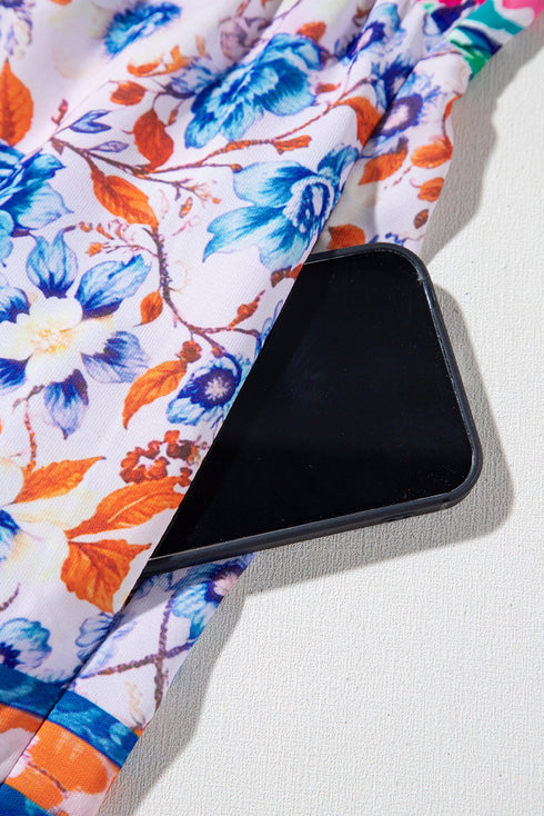 Mixed Floral Print Tie Split Neck Short Sleeve Dress