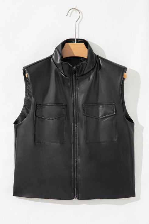 Double Flap Pocket Western Faux Leather Zip Up Vest