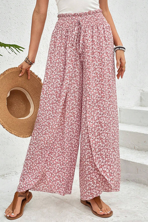 Bohemian Print Smocked High Waist Wide Leg Slit Pants