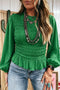 Polyester Smocked Ruffle Hem Long Sleeve Blouse