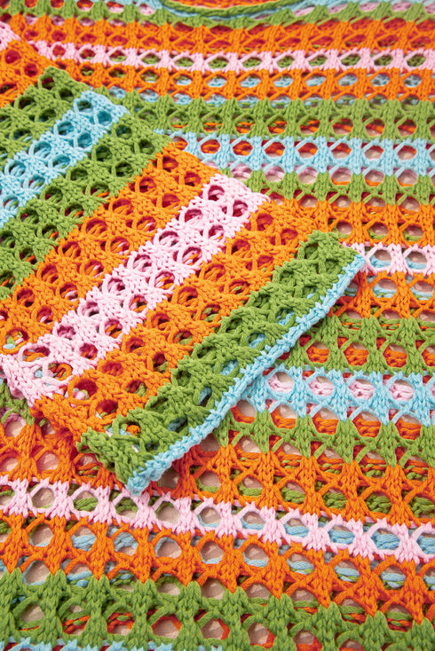 Long Sleeve Striped Open Knit Boho Crochet Top