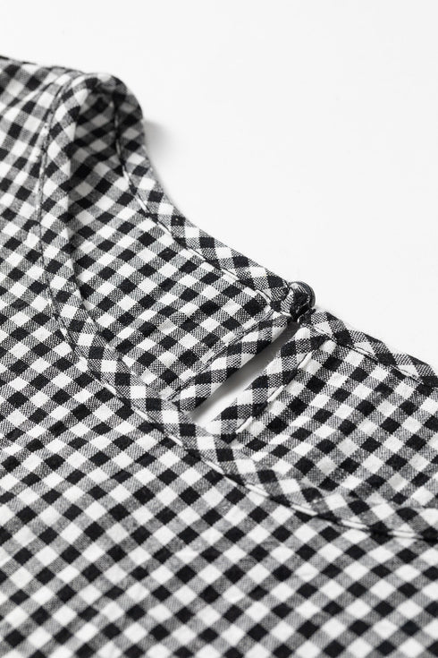 Plaid Shirred Cuff Round Neck Cotton Long Sleeve Blouse