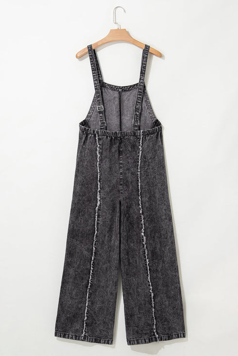 Washed Frayed Exposed Seam Wide Leg Denim Overall Jumpsuit