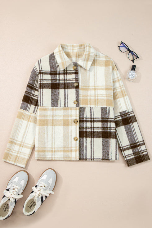Button Front Patchwork Side Pocket Plaid Shacket