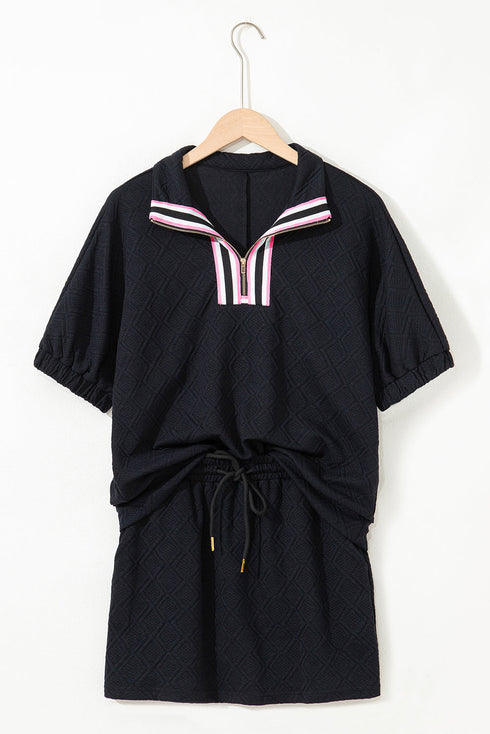 Textured Striped Collared Zip Up Two Piece Dress