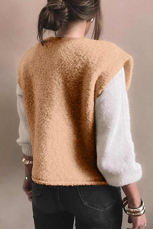 Modern Solid Fuzzy Big Button Accent Pocket Vest