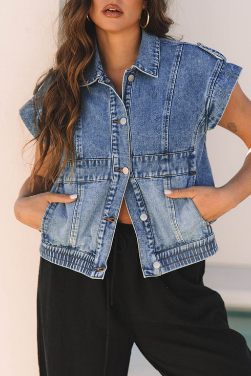 Solid Washed Button Up Elastic Hem Denim Vest