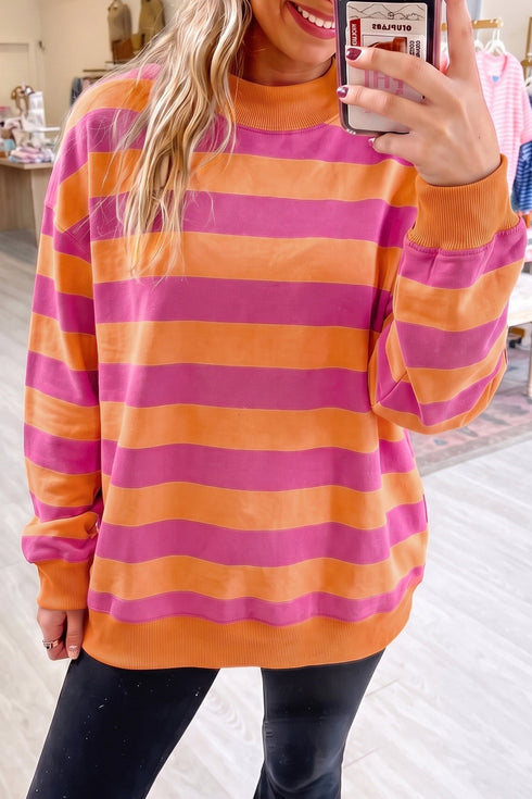 Stripe Print Mock Neck Relaxed Silhouette Sweatshirt