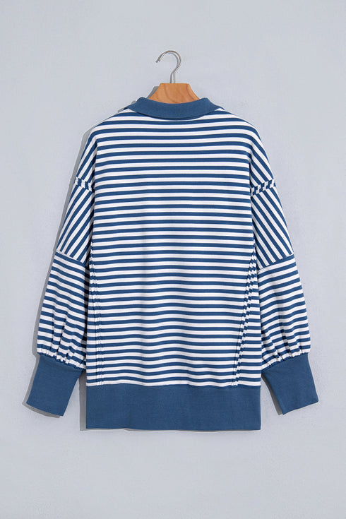 Striped Trim Raw Seam Split Hem Loose Pullover Sweatshirt