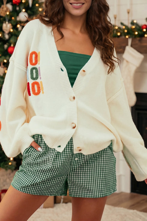 Slogan V Neck Button Front Embroidered Knit Cardigan