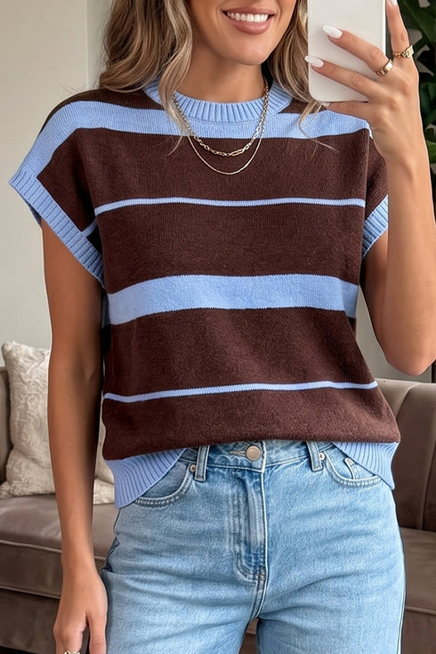 Striped Color Block Sleeveless Round Neck Sweater Vest