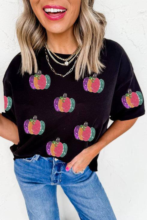 Sequined Pumpkin Graphic Round Neck Statement Tee