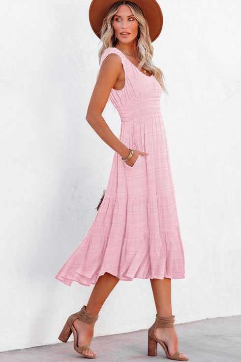 Elegant Shirred Pleated Square Neck Sleeveless Midi Dress