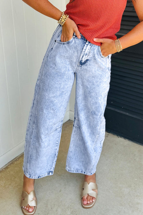 Cotton Polyester Denim Pull On Barrel Jeans