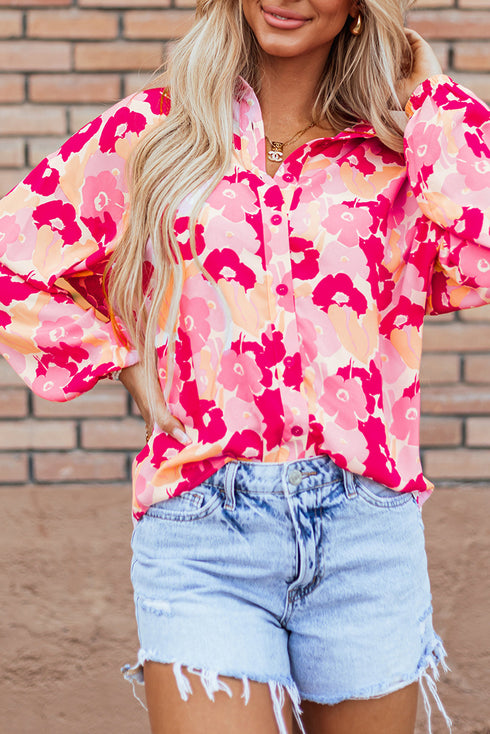 Abstract Floral Balloon Sleeve Button Down Shirt