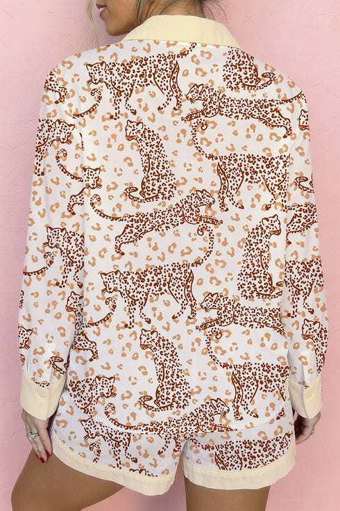 Allover Leopard Print Pocket Placket Long Sleeve Lounge Set