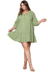 Textured Ruffled Button V Neck A Line Plus Size Dress