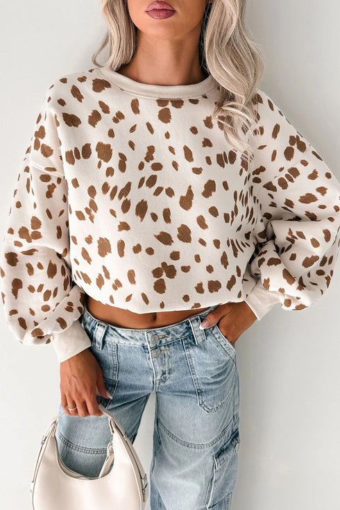 Leopard Spot Drop Shoulder Round Neck Graphic Sweatshirt