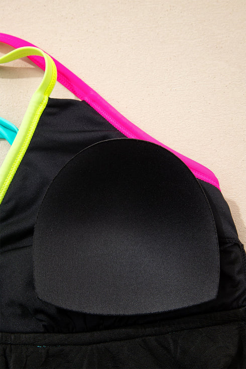 Active Textured Floral V Neck Crisscross Backless Tankini